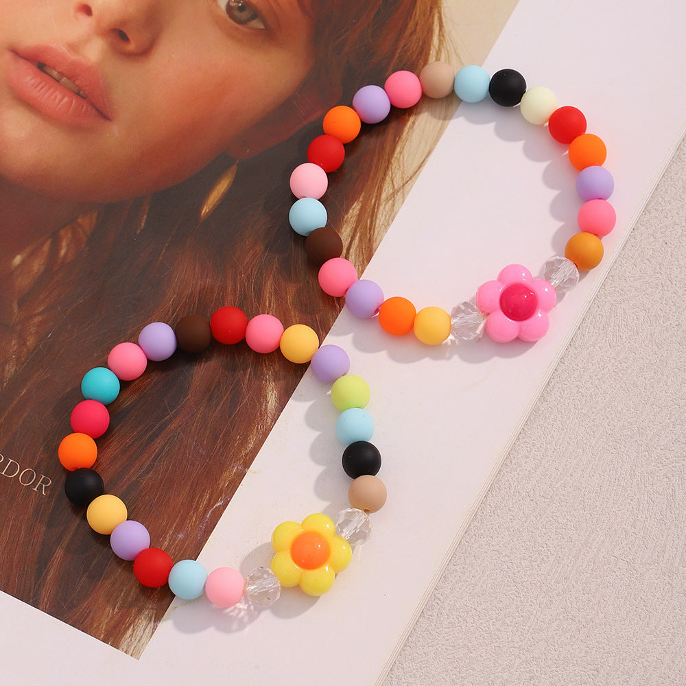 Fashionable Geometric Acrylic Bracelet with Floral Accents for Women, Handmade Dopamine-Inspired Colorful Accessory