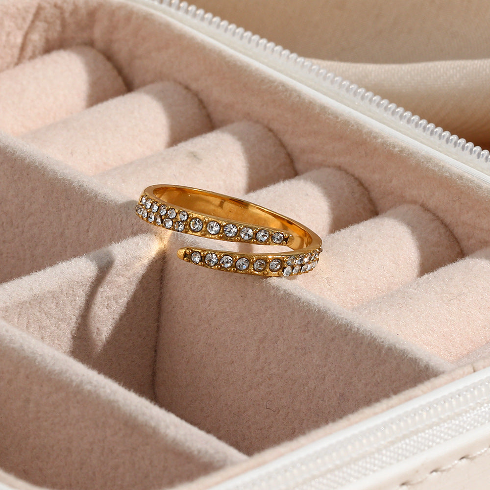 Minimalist Geometric Stainless Steel Ring with 18K Gold Plating and Zircon Inlay for Women