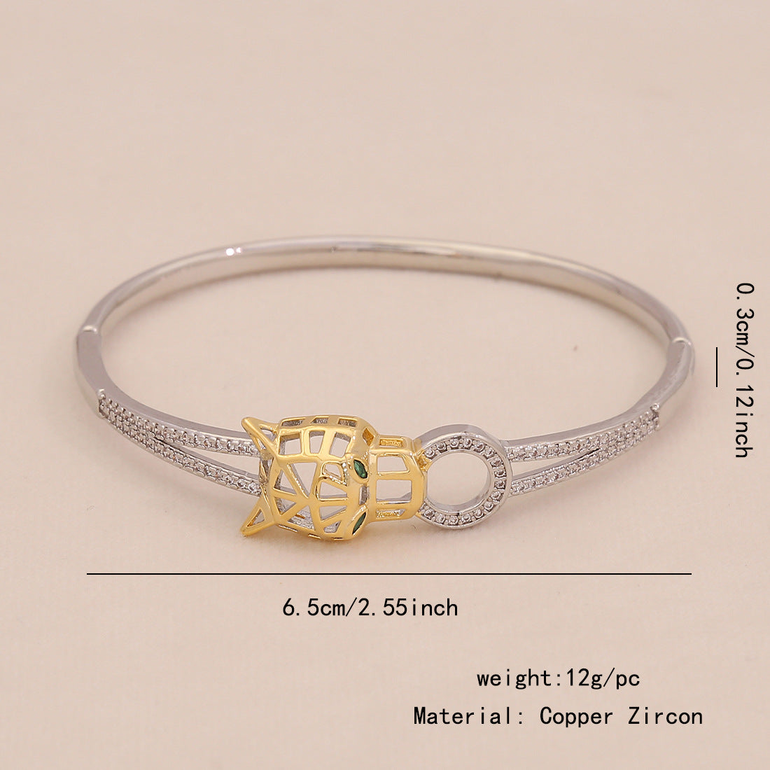 Bracciale personalizzato con catena a serpente in rame color oro con testa di leopardo e micro-intarsio a forma di cuore