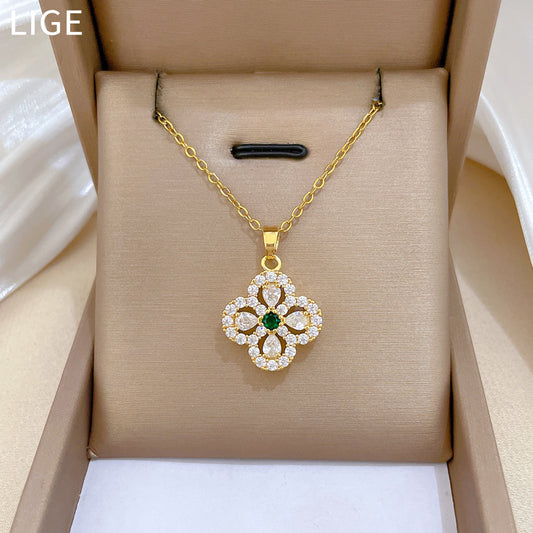Sweet Minimalist Geometric Titanium Steel Necklace with Cubic Zirconia Brass Pendant for Unisex