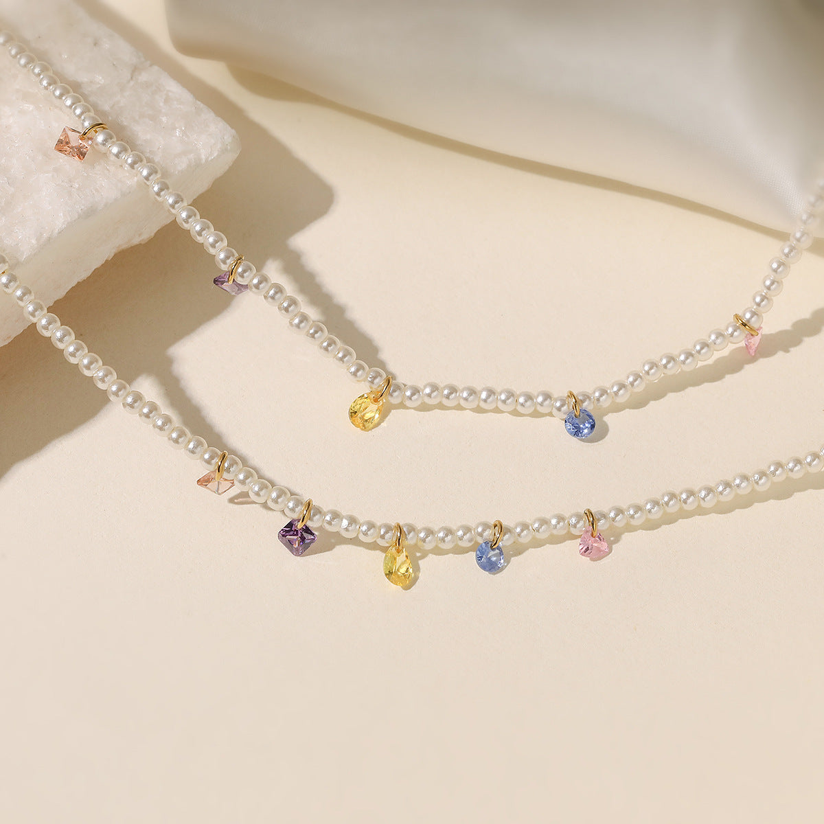 Minimalist Elegant Geometric Stainless Steel Necklace with Colorful Cubic Zirconia and Pearl for Women