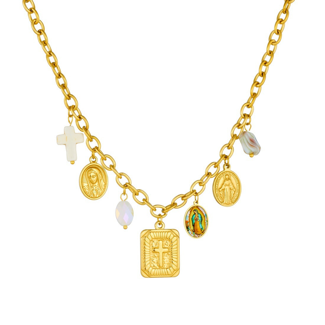 Vintage Elegant Gold Plated Stainless Steel Cross and Round Pendant Necklace Set with Cable Chain for Women