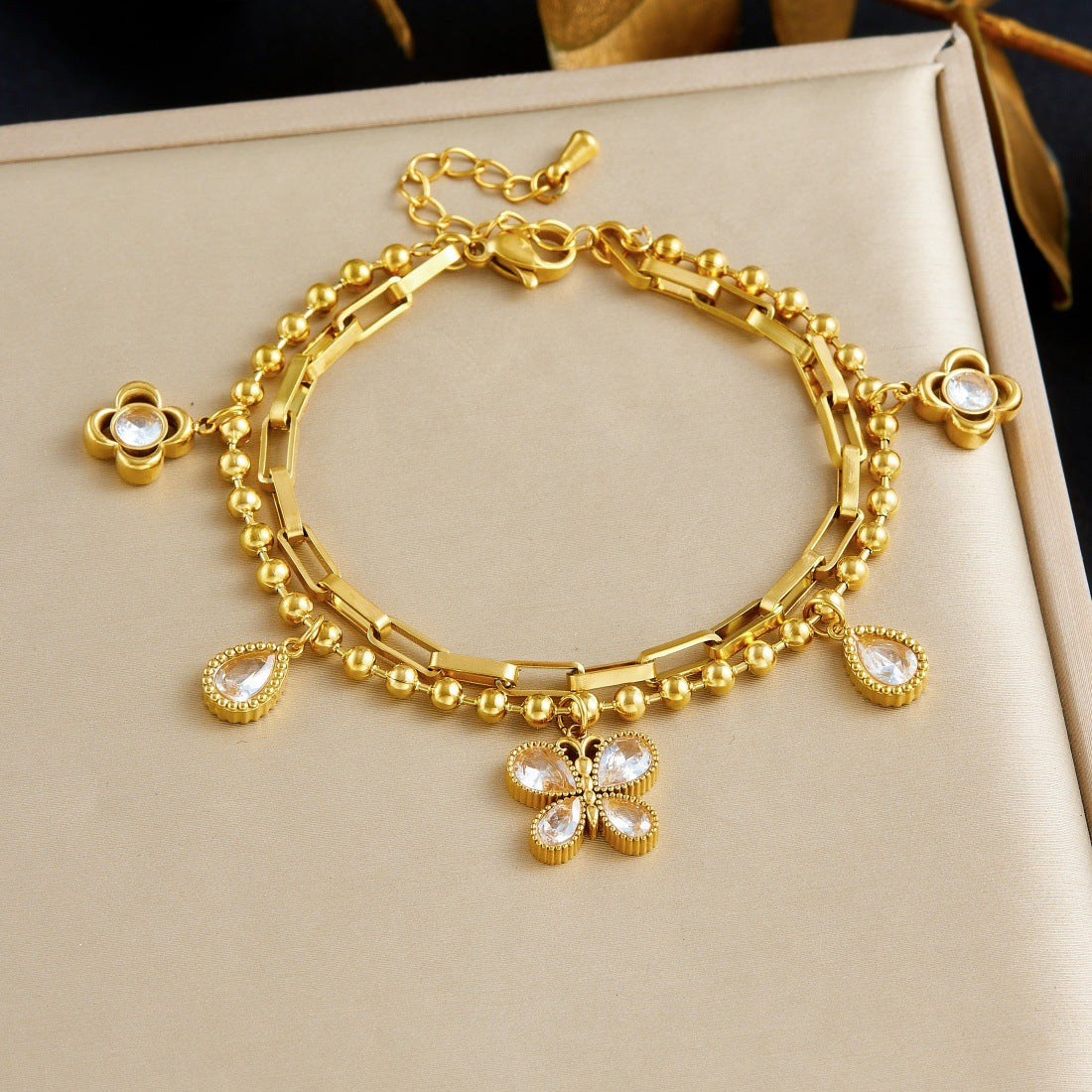 Minimalist Gold Plated Stainless Steel Teardrop Butterfly Rhinestone Pendant Double Layer Chain Bracelet for Women