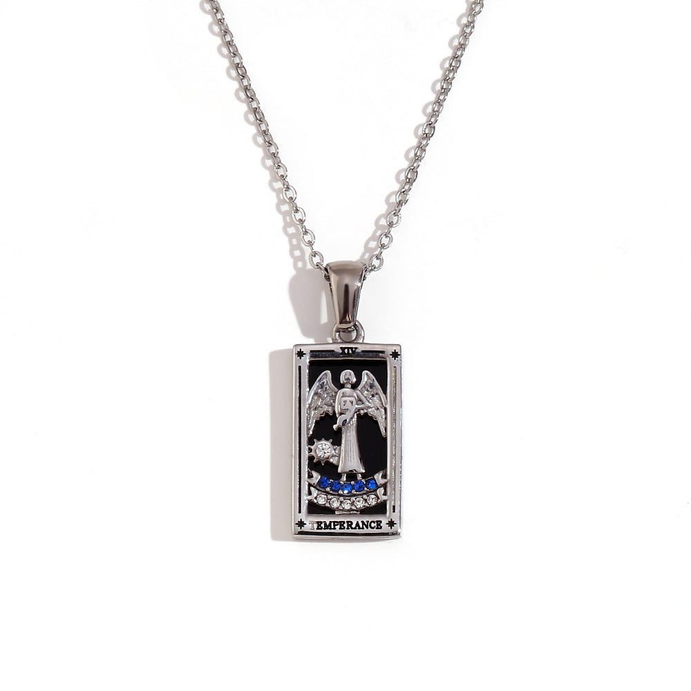 Vintage Tarot Card Pendant Necklace for Women Stainless Steel with 18K Gold Plating Geometric Four-Sided Design Fashion Office Style