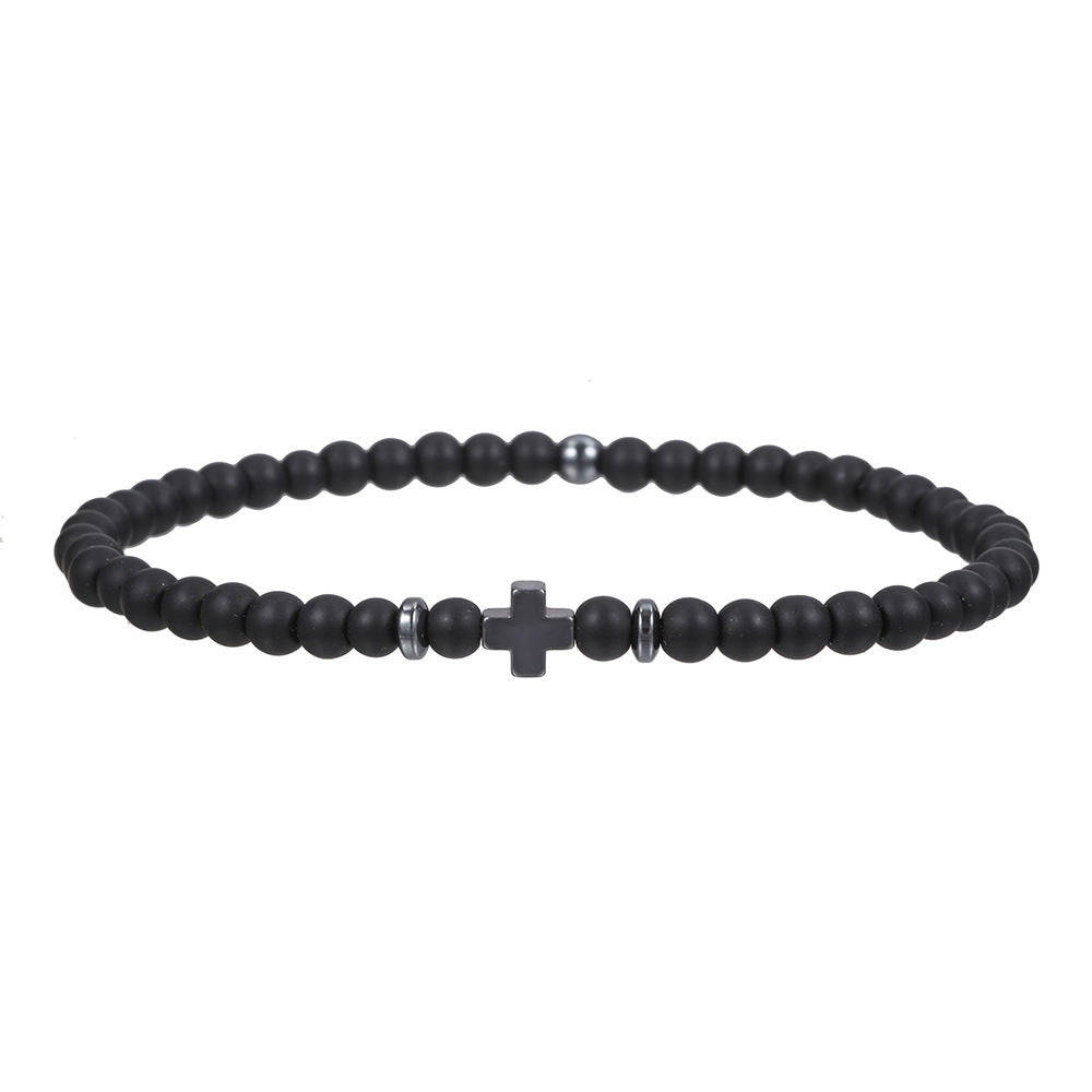 Men's Matte Hematite Cross Bracelet with Volcanic Stone and Turquoise Beads Unisex Geometric Jewelry