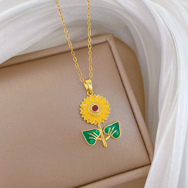 Sweet Elegant Drip Oil Rhinestone Sunflower Plant Titanium Steel Necklace for Unisex