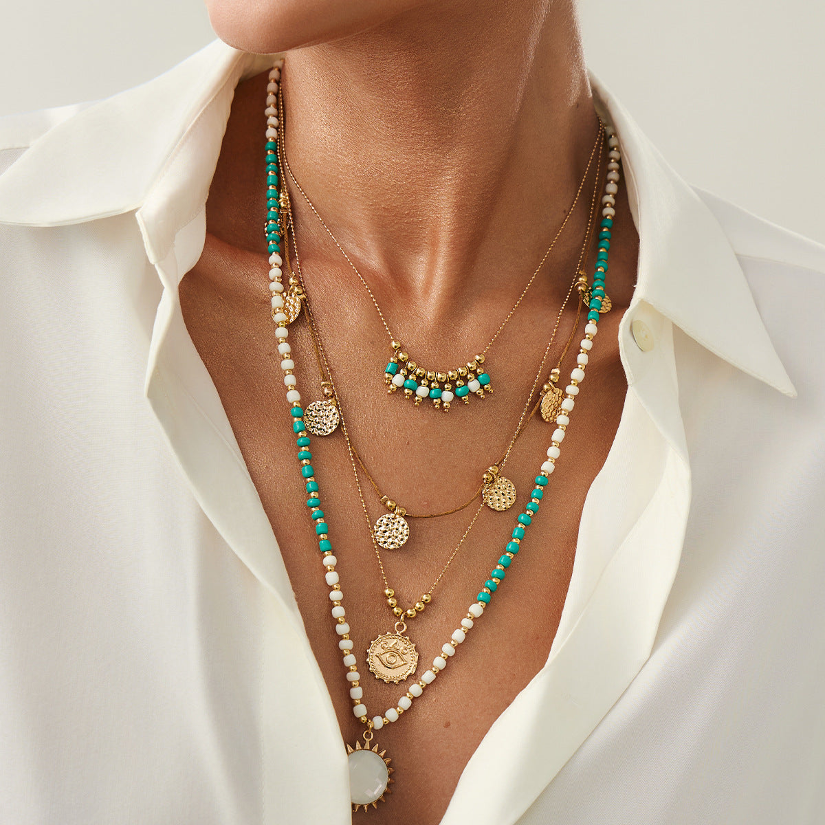 Bohemian Geometric Round Alloy Pendant Plated Brass Multi-layer Necklace for Women