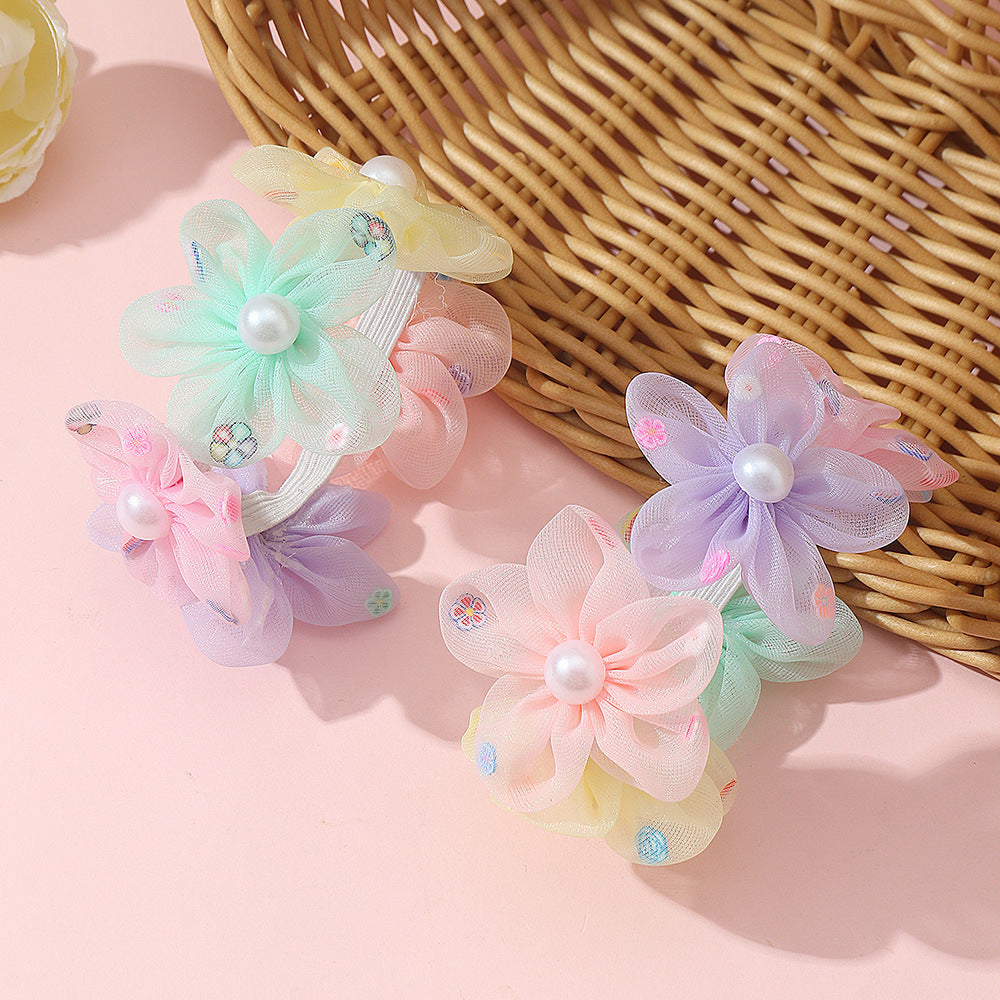 Set Minimalista di Elastici per Capelli per Bambina in Tulle Bianco con Fiori e Decorazioni di Perle