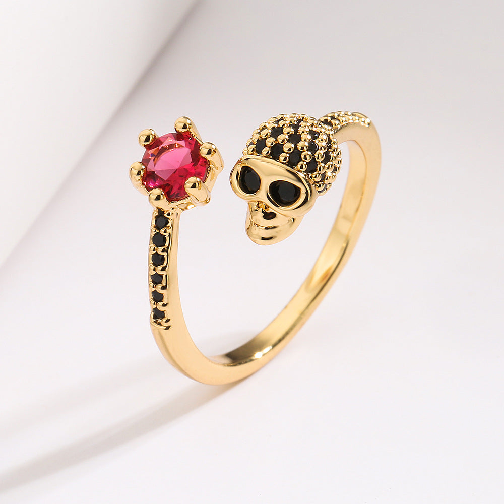 Punk Style Skull-Shaped Geometric Ring in Copper with Gold Plating and Zircon Inlay for Women