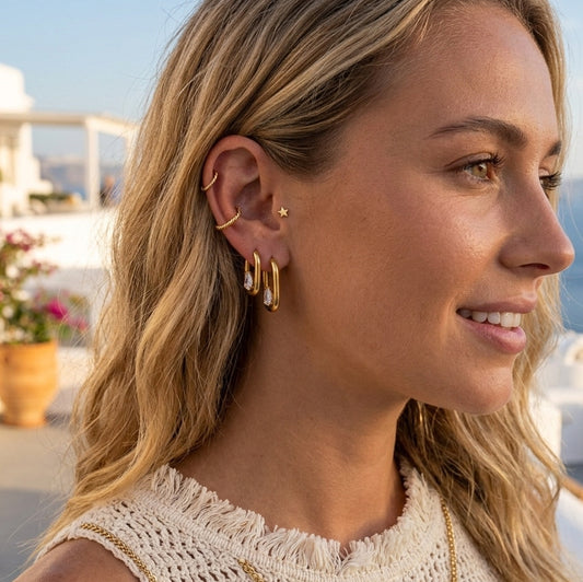 Minimalist Geometric Oval PVD Stainless Steel Hoop Earrings with Cubic Zirconia for Women