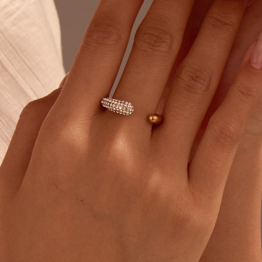 Elegant French-Inspired Geometric Stainless Steel Ring with White Rhinestone Inlay and Adjustable Open Band for Women