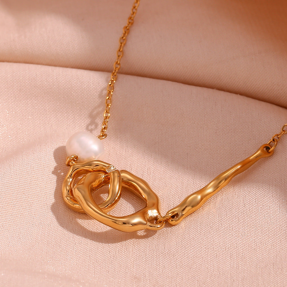 Collana a doppio cerchio con perle asimmetriche minimaliste da donna in acciaio inossidabile placcato oro 18 carati