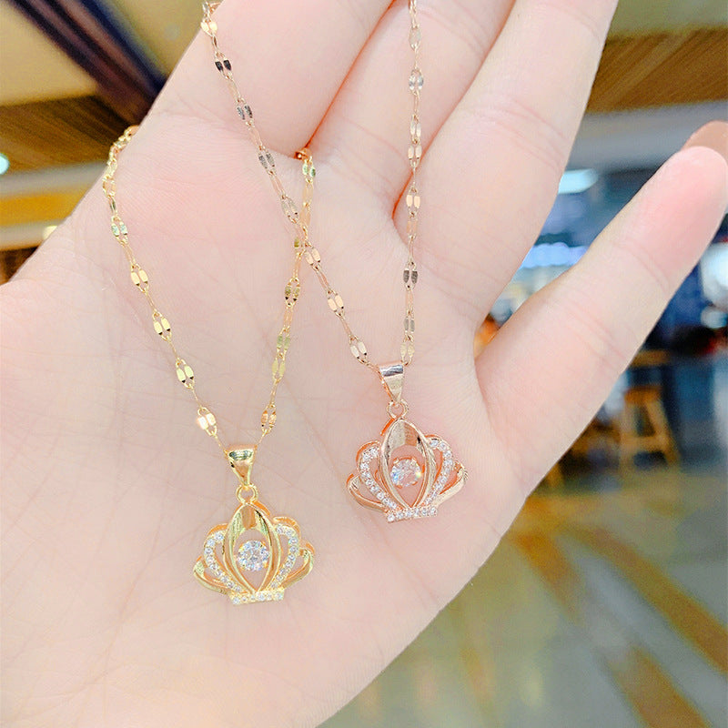 Minimalist Crown Pendant Necklace for Women in Titanium Steel with Gold Plating, Adjustable Clavicle Chain