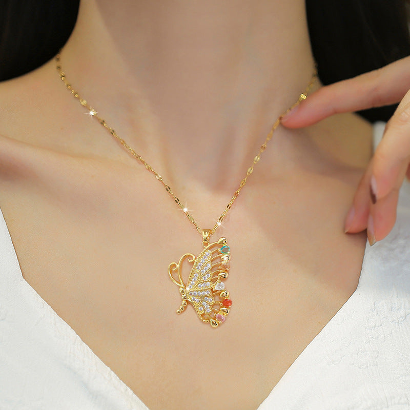Luxury Butterfly-Shaped Rhinestone-Encrusted Titanium Steel Necklace for Women - Delicate Clavicle Chain for Wedding, Party, and Formal Occasions