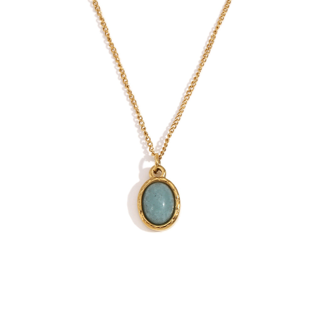 Collana pendente da donna in acciaio inossidabile stile vintage, placcata in oro 18 carati con ciondolo geometrico ovale in pietra Dongling grigia e catena regolare