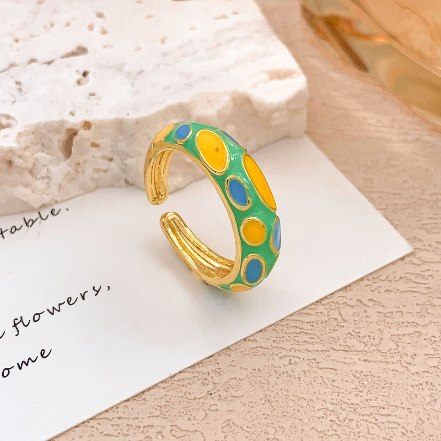 Anello regolabile aperto da donna vintage elegante in lega placcato oro con olio a goccia a pois geometrici