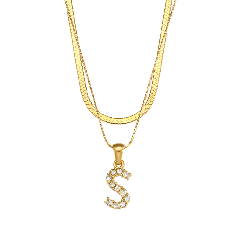 Fashionable Minimalist Letter Pendant Necklace in Stainless Steel with 18K Gold Plating and Cubic Zirconia on Double Snake Chain for Women
