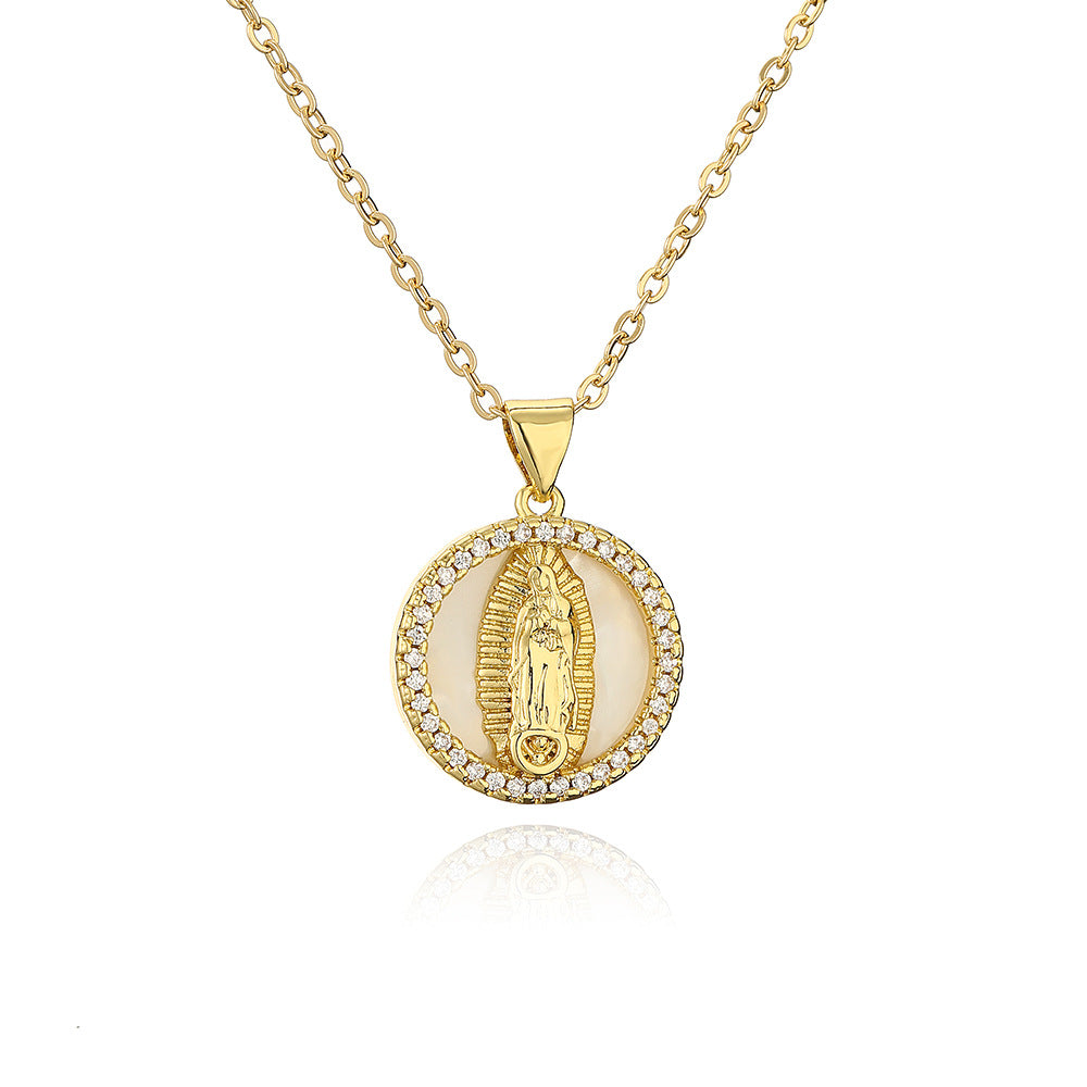 Geometric Saint Mary Pendant Necklace for Women with Copper Base Plated in Real Gold Inlaid with Zircon and Pearl Accents