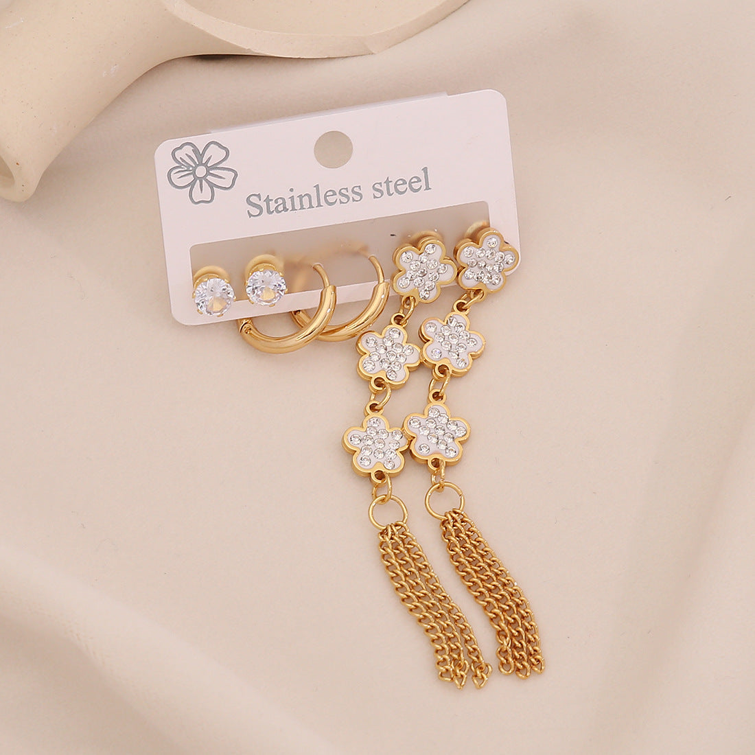 Fashionable Floral and Teardrop-Shaped Stainless Steel Stud Earrings with Dangle Fringe for Women