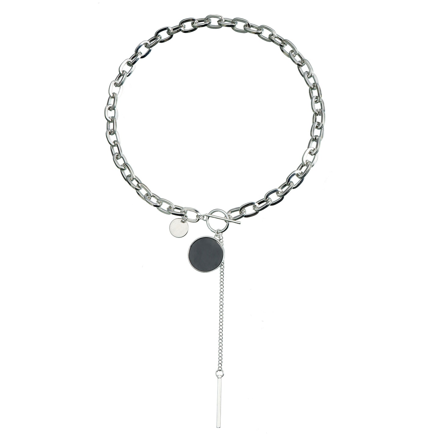 Collar de Clavícula Minimalista Geométrico en Blanco y Negro con Nácar, Cadena de Aleación y Acabado Galvanizado