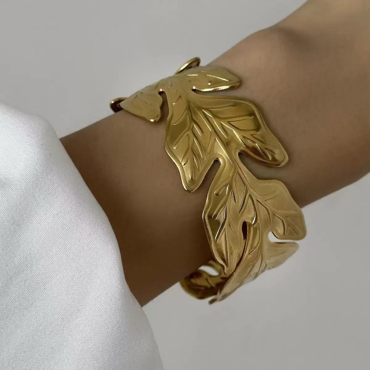 Fashion Geometric Textured Wave Pattern Plated Stainless Steel Wide Open Cuff Bracelet for Women