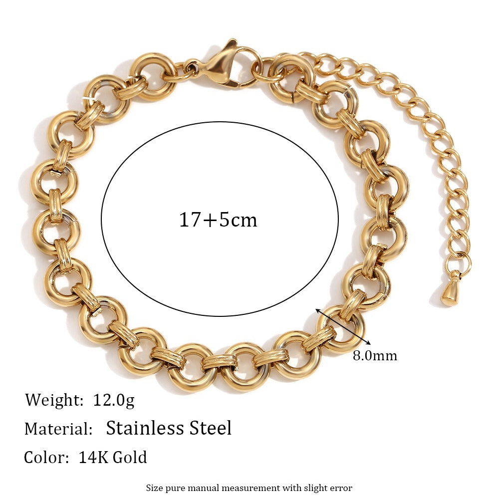 Bracciale a maglie rotonde spesse da donna placcato oro 14K in acciaio inossidabile geometrico minimalista
