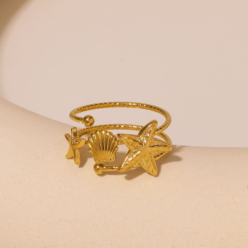 Minimalist Geometric Star and Scallop Textured Matte Stainless Steel Ring for Unisex Gift