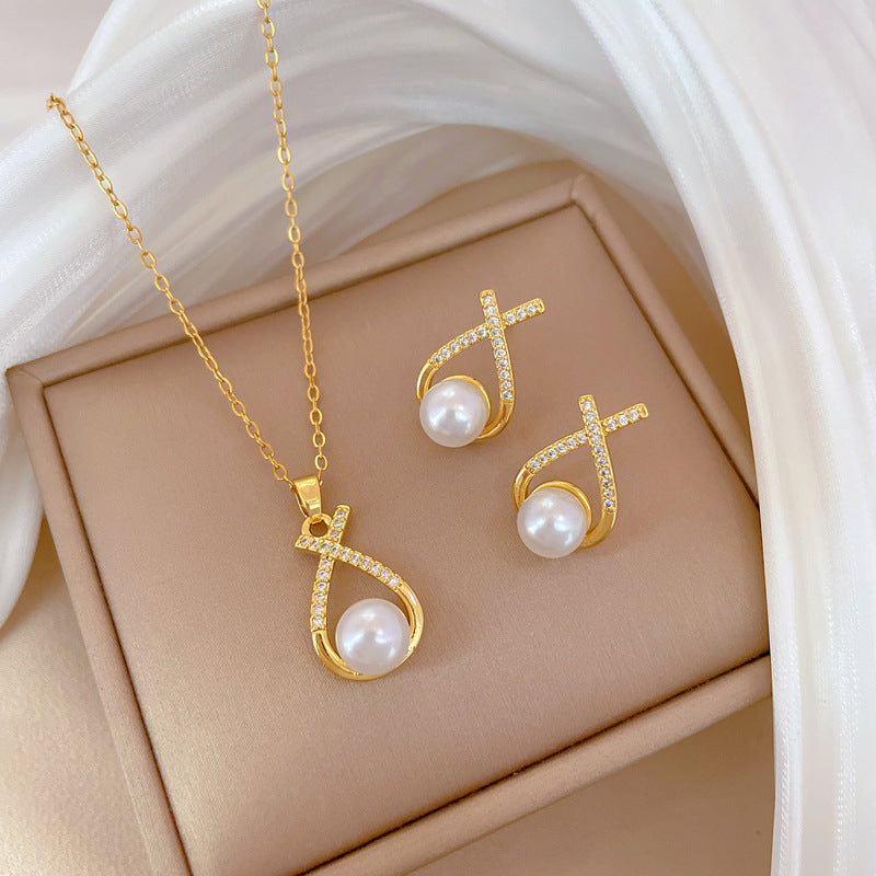 Luxury Fresh and Sweet Plated Brass Zircon Micro-Pave Earrings and Necklace Set