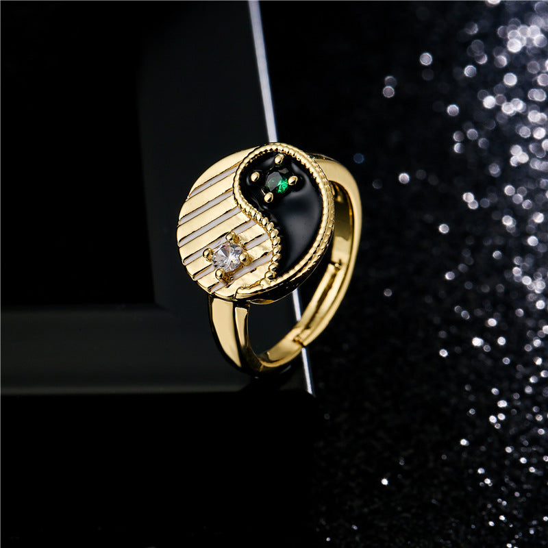 Geometric Drip Oil Brass Ring with Cubic Zirconia Yin Yang Tai Chi Bagua Design for Women