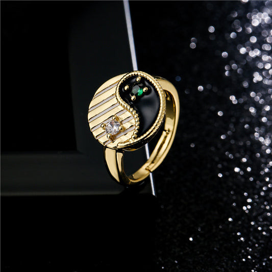Geometric Drip Oil Brass Ring with Cubic Zirconia Yin Yang Tai Chi Bagua Design for Women