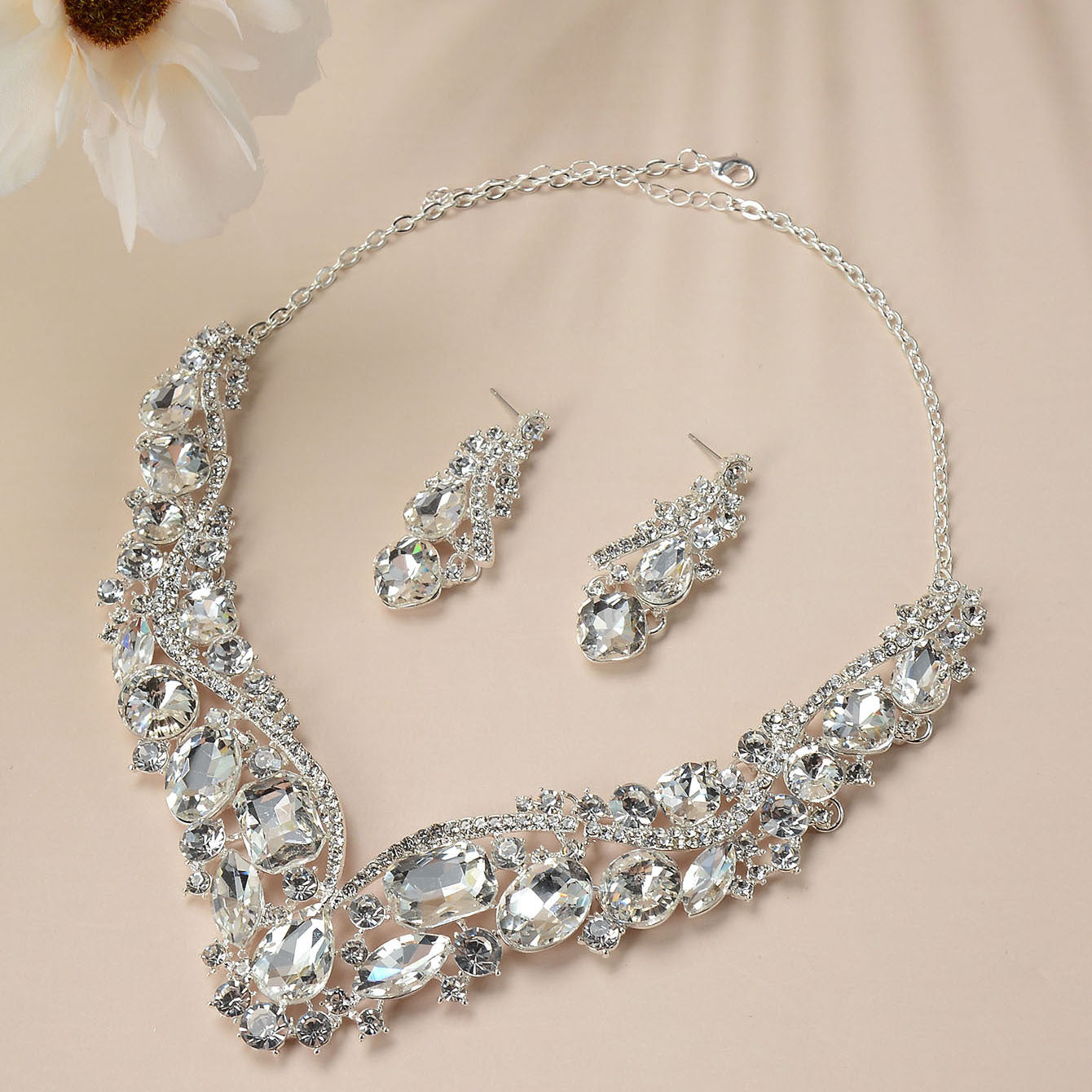 Exaggerated Floral Alloy Plated Necklace and Earring Set for Women Wedding Bridal Jewelry