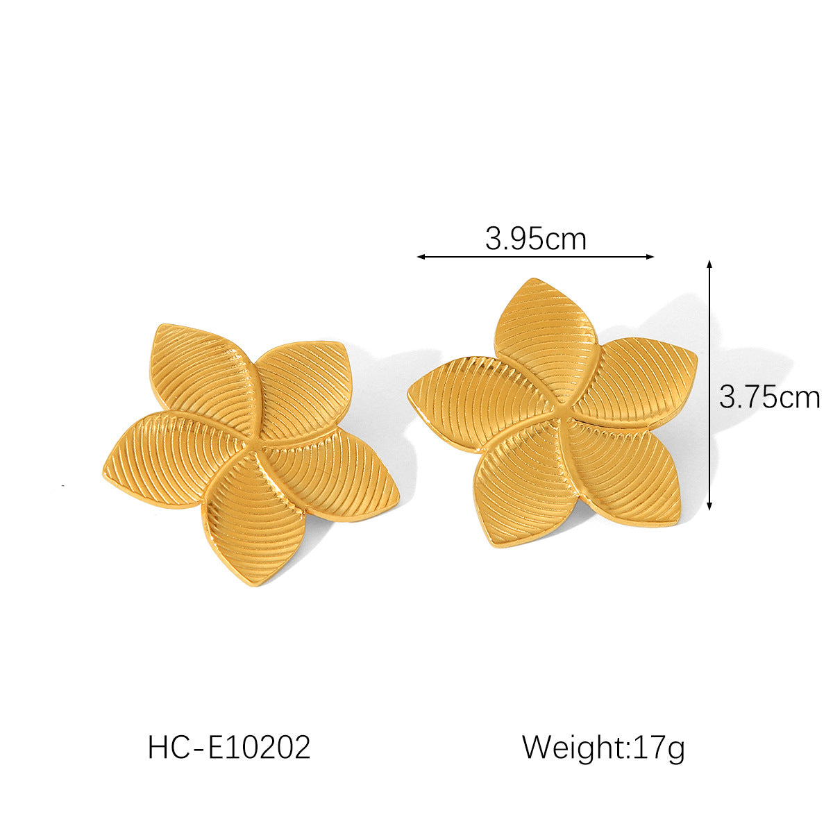 Fashion 18K Gold Plated Textured Five-Petal Flower Stainless Steel Stud Earrings for Women