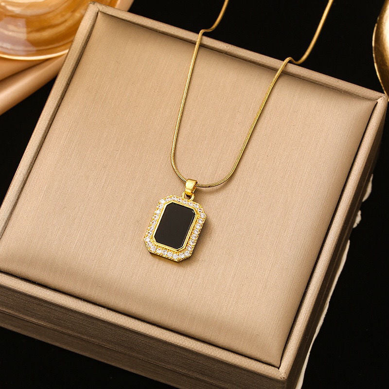 Minimalist Square Pendant Necklace for Women and Men in Titanium Steel with Rhinestone Inlay and Gold Plating on O-Chain