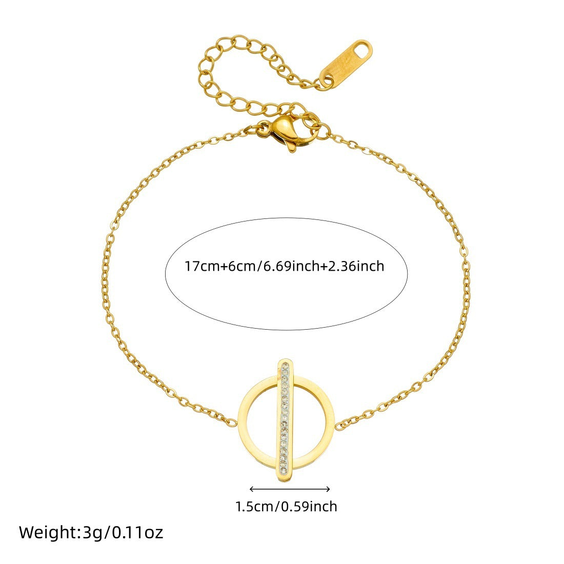 Minimalist Gold Plated Geometric Round Rectangle Rhinestone Inlay Stainless Steel Pendant Chain Bracelet for Women