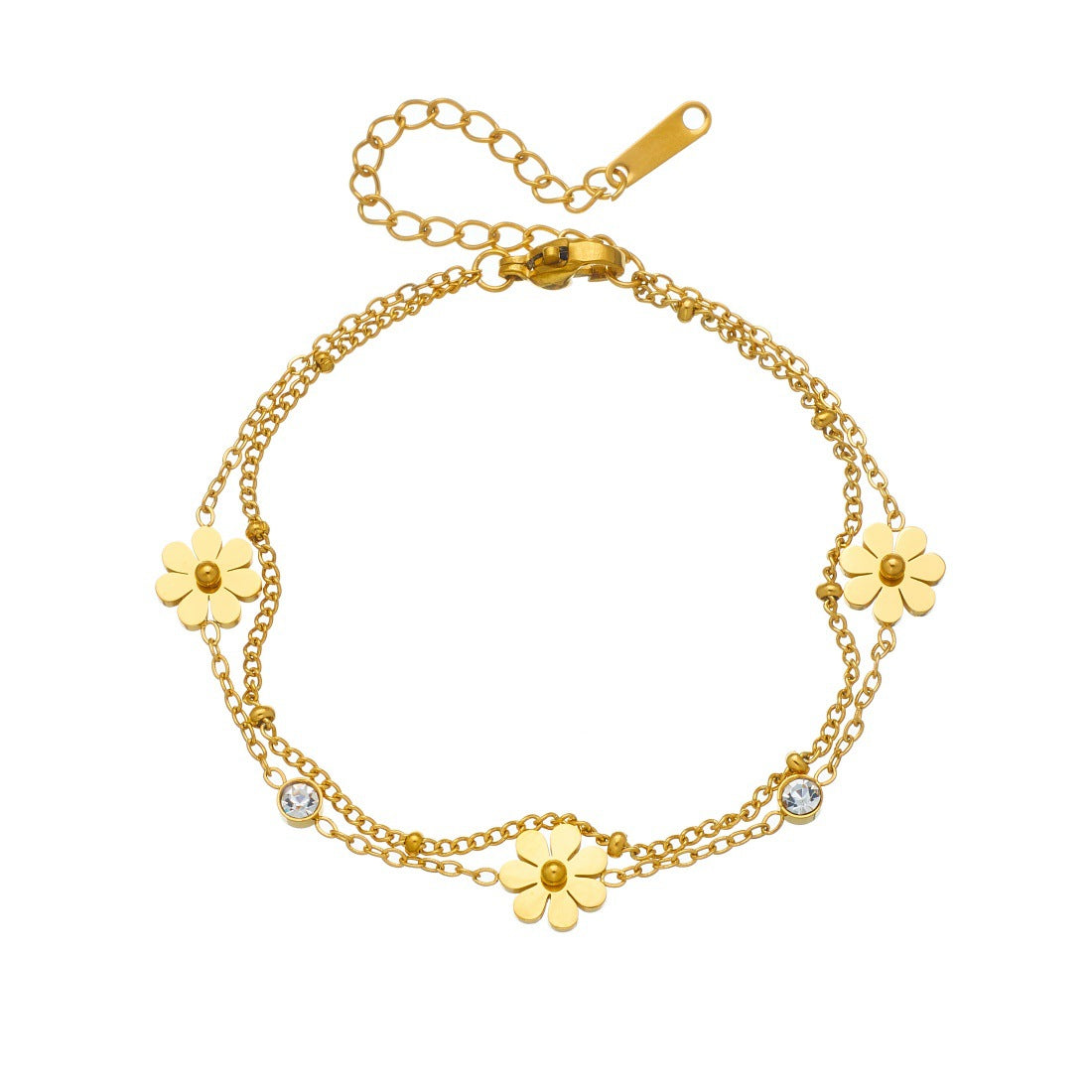 Gold Plated Stainless Steel Round Daisy Flower Rhinestone Bracelet for Women