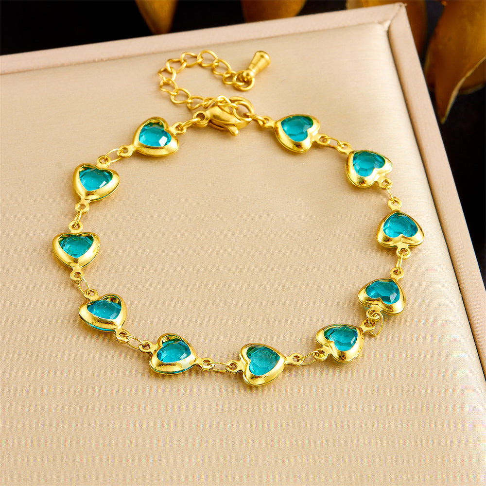 Minimalist Faceted Colorful Glass Rhinestone Heart Charm Stainless Steel Bracelet for Women