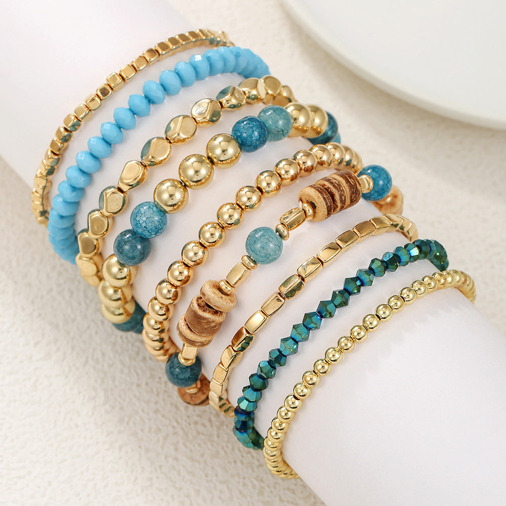 Bohemian Blue Geometric Round Wood and Crystal Beaded Bracelet Set