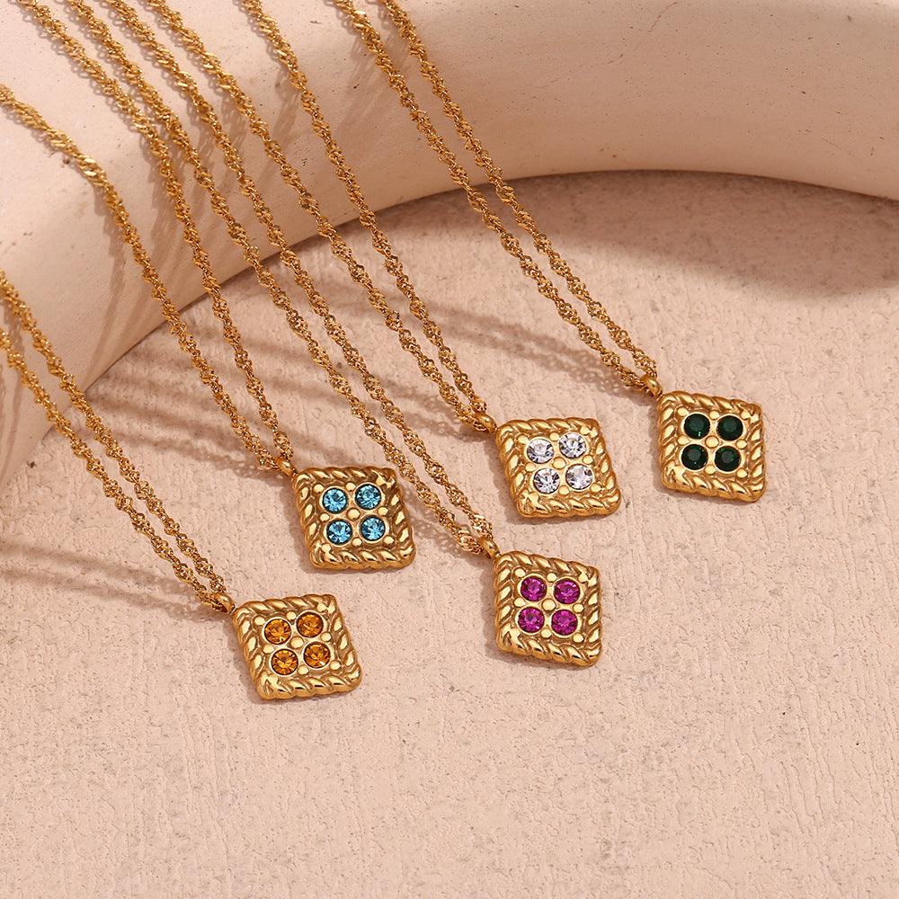 Minimalist Geometric Rhombus Pendant Necklace in Stainless Steel with 18K Gold Plating and Four Rhinestones for Women