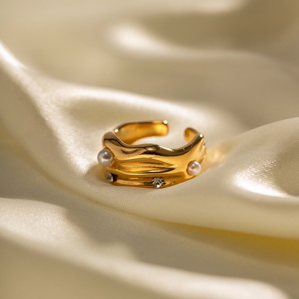 Anillo Abierto con Forma de C Geométrica de Moda con Incrustaciones de Perlas, Joyería de Acero Inoxidable con Baño de Oro de 18K para Mujer