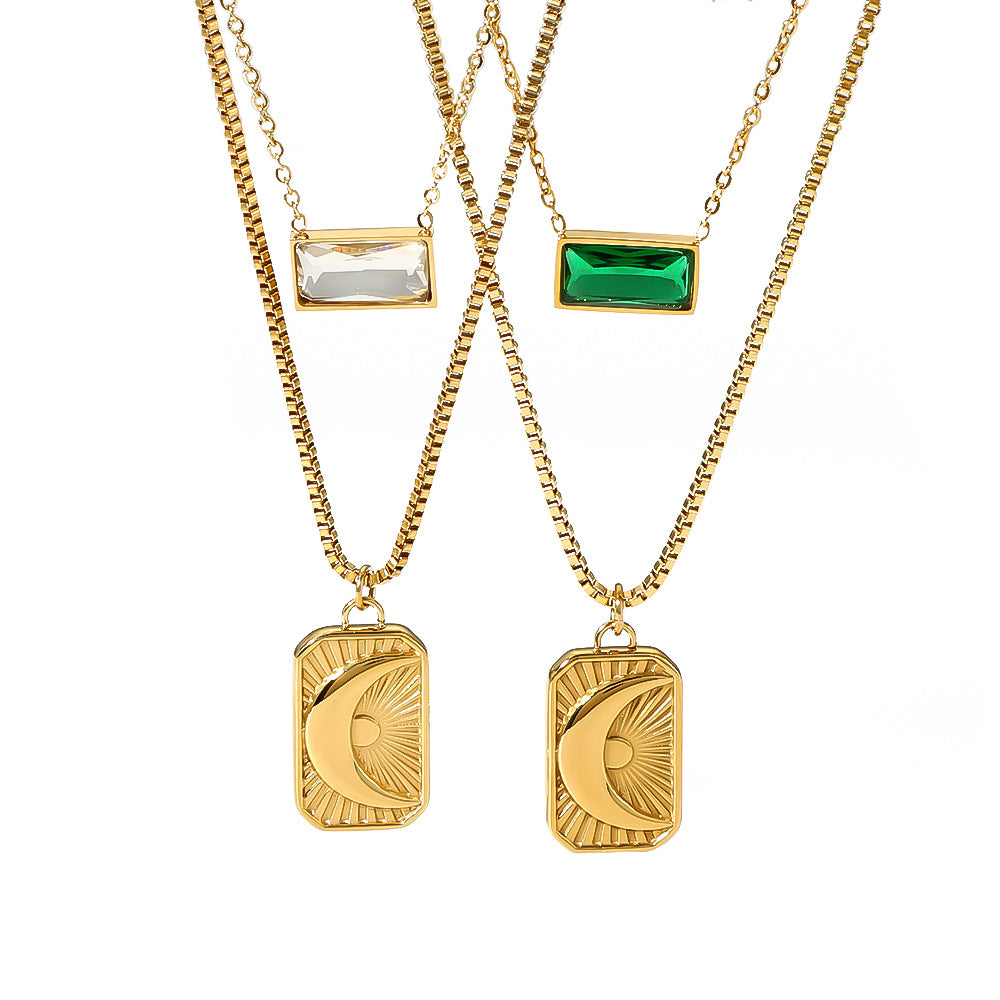INS Style Moon and Sun Pendant Necklace Set with Zirconia on Stainless Steel Double Layer O-Chain for Women