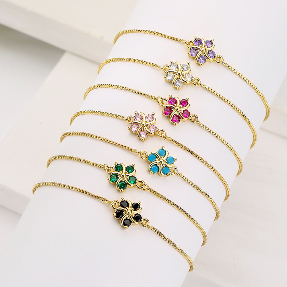 Elegante Bracciale Floreale in Stile Francese con Cordino Regolabile per Donne, Realizzato in Rame, Design Geometrico Minimalista
