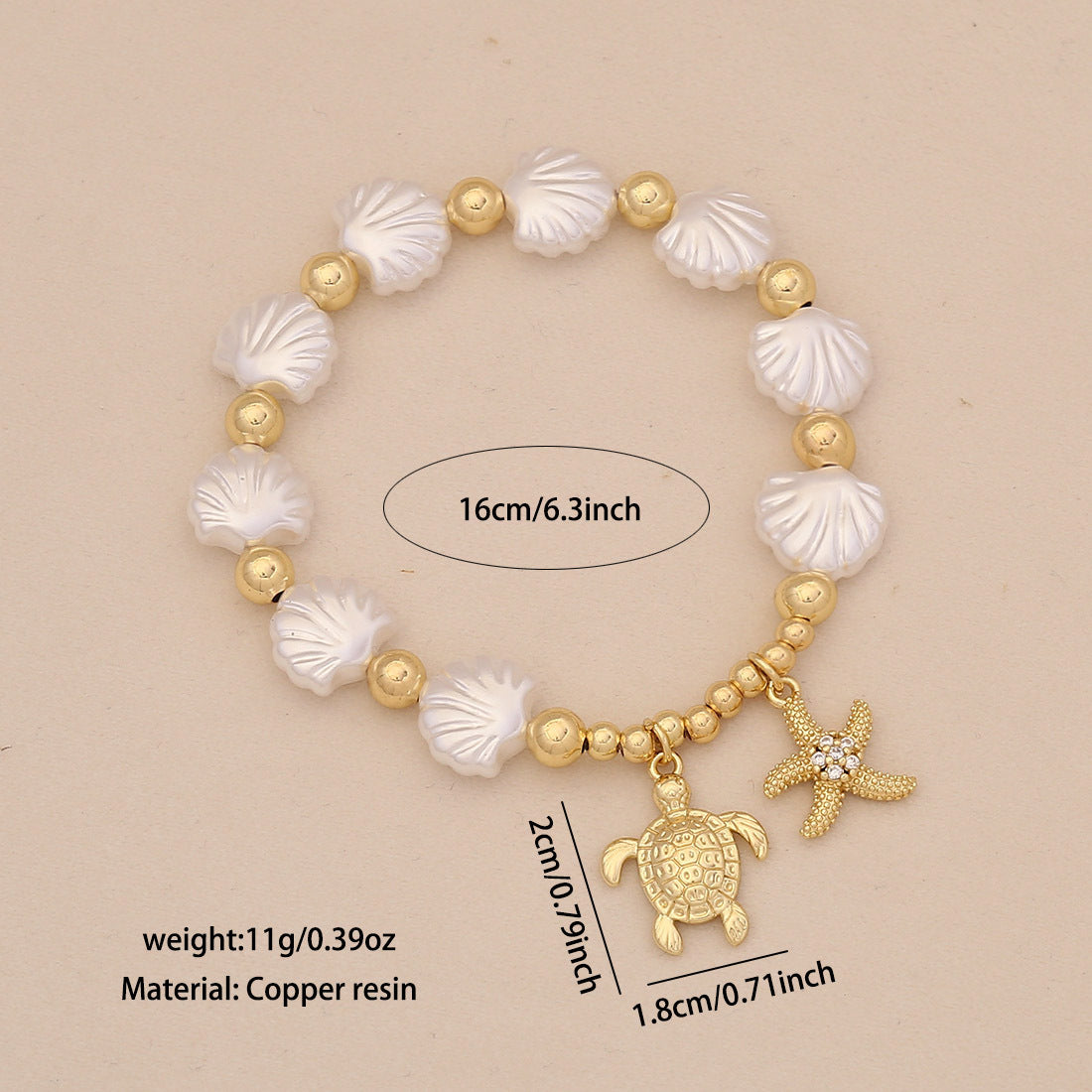 Braccialetto Artigianale Originale in Rame e Plastica con Perline Imitazione Perla, Stella Marina, Conchiglia, Tartaruga Placcato Oro 18K Gioielli da Donna