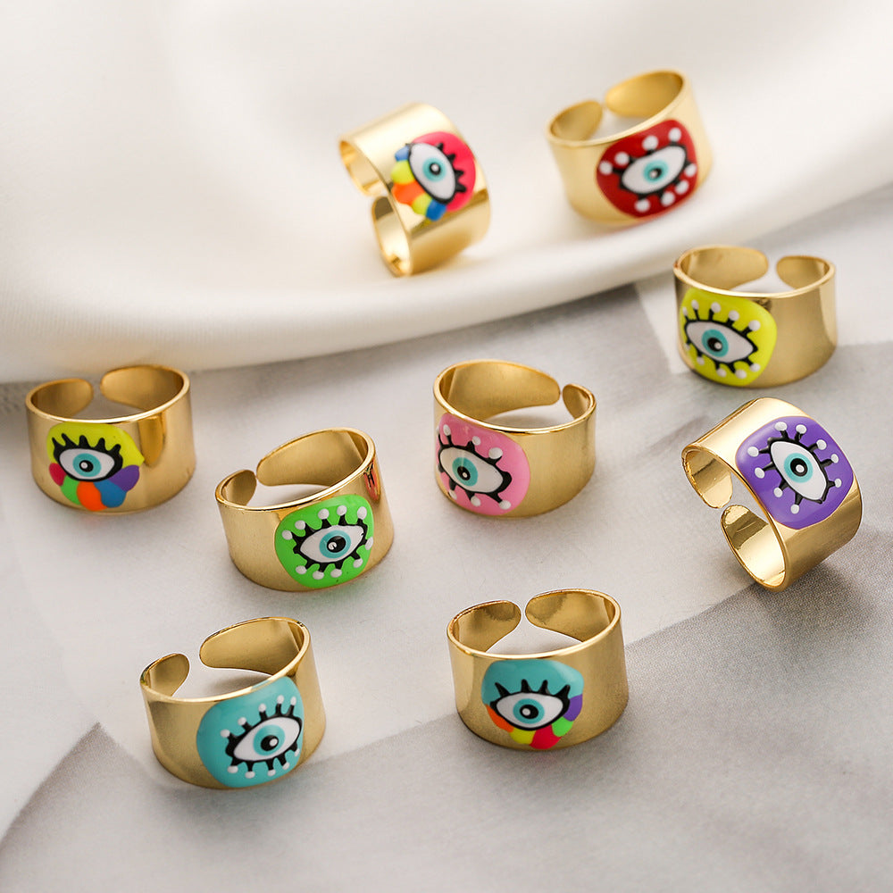 Anello Aperto Geometrico da Donna con Base in Rame Placcato Oro 18K e Smalto Design Occhio di Allah