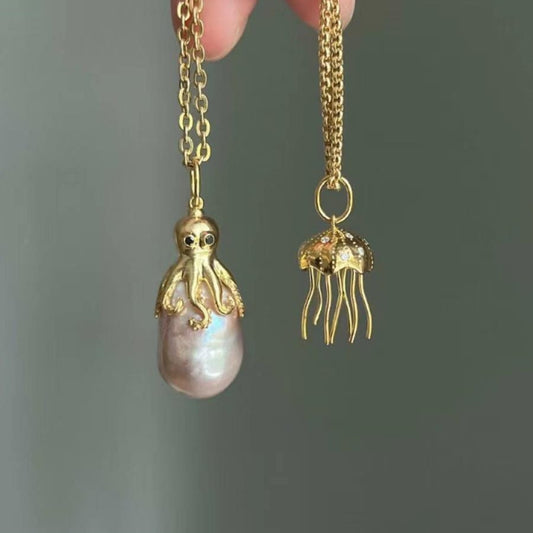 Unique Octopus and Jellyfish Pendant Necklace in Copper with Cubic Zirconia Inlay, Baroque Pearl Accents, Tropical Ocean Theme, Adjustable Clavicle Chain