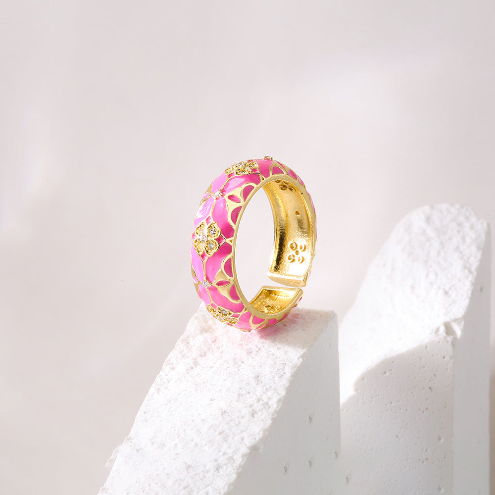 Bohemian Vintage Geometric Open Ring for Women in Copper with 18K Gold Plating and Enamel Finish