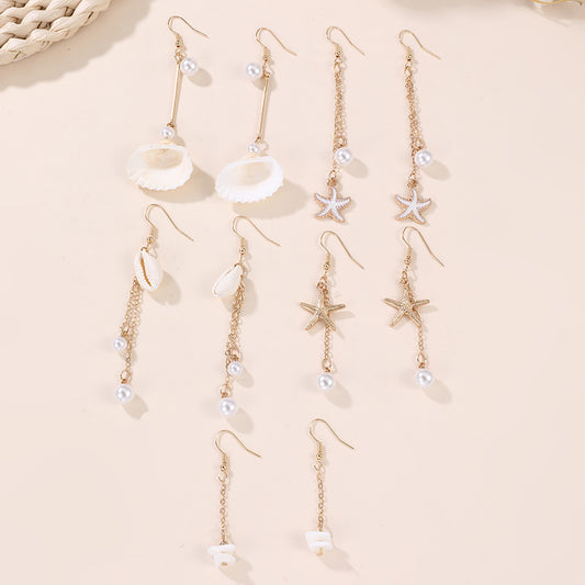 Pendientes largos de borla con colgante minimalista de estrella de mar y concha marina para niñas hechos de resina plástica