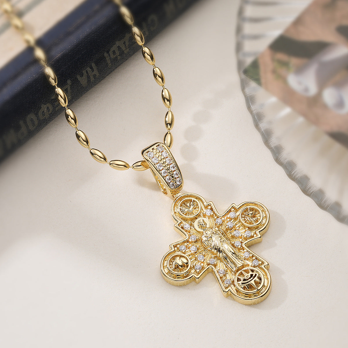 Minimalist Hip-hop Geometric Cross 18K Gold Plated Brass Cubic Zirconia Pendant Necklace