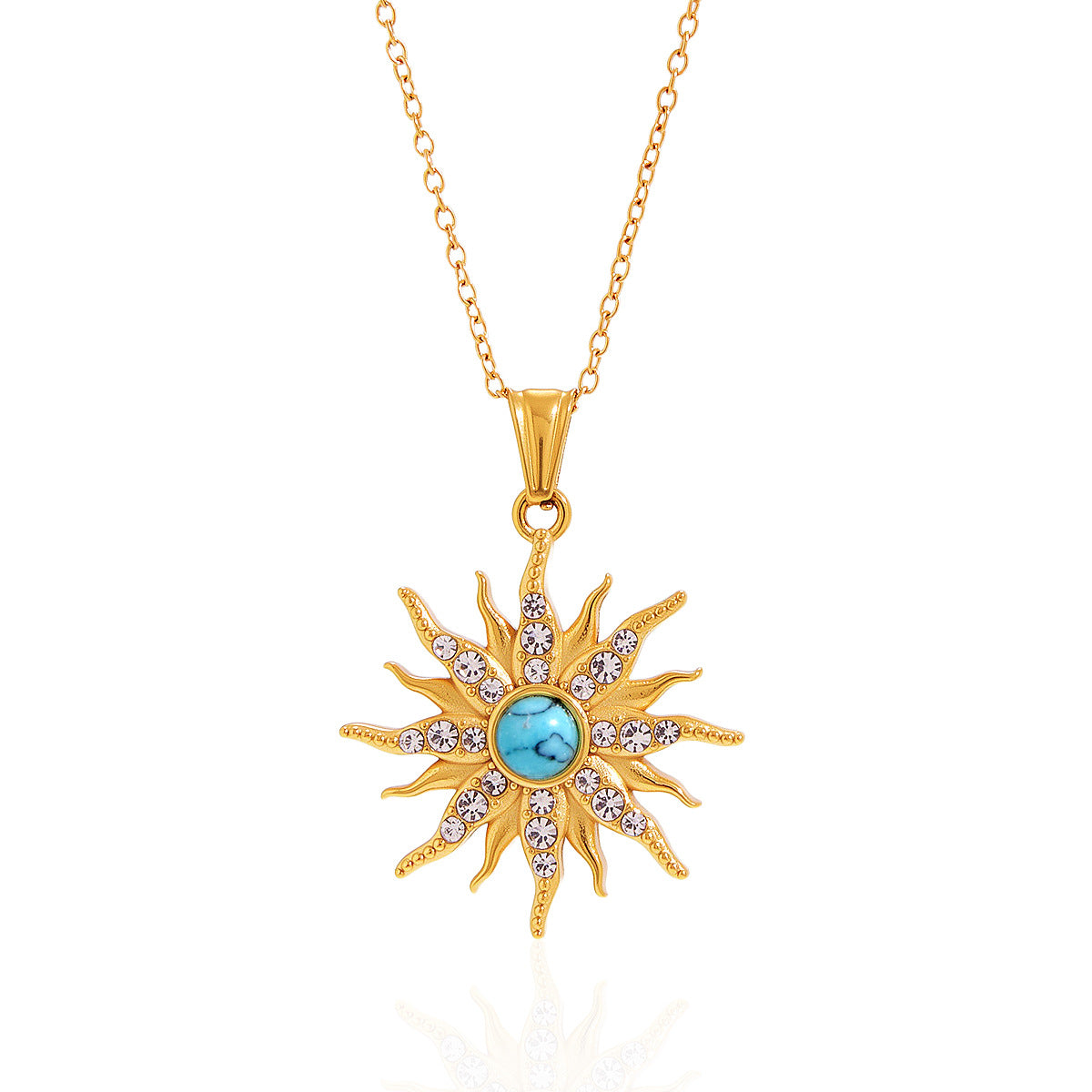 Minimalist Geometric Sun Stainless Steel Necklace with Turquoise and Rhinestone PVD Plated for Women