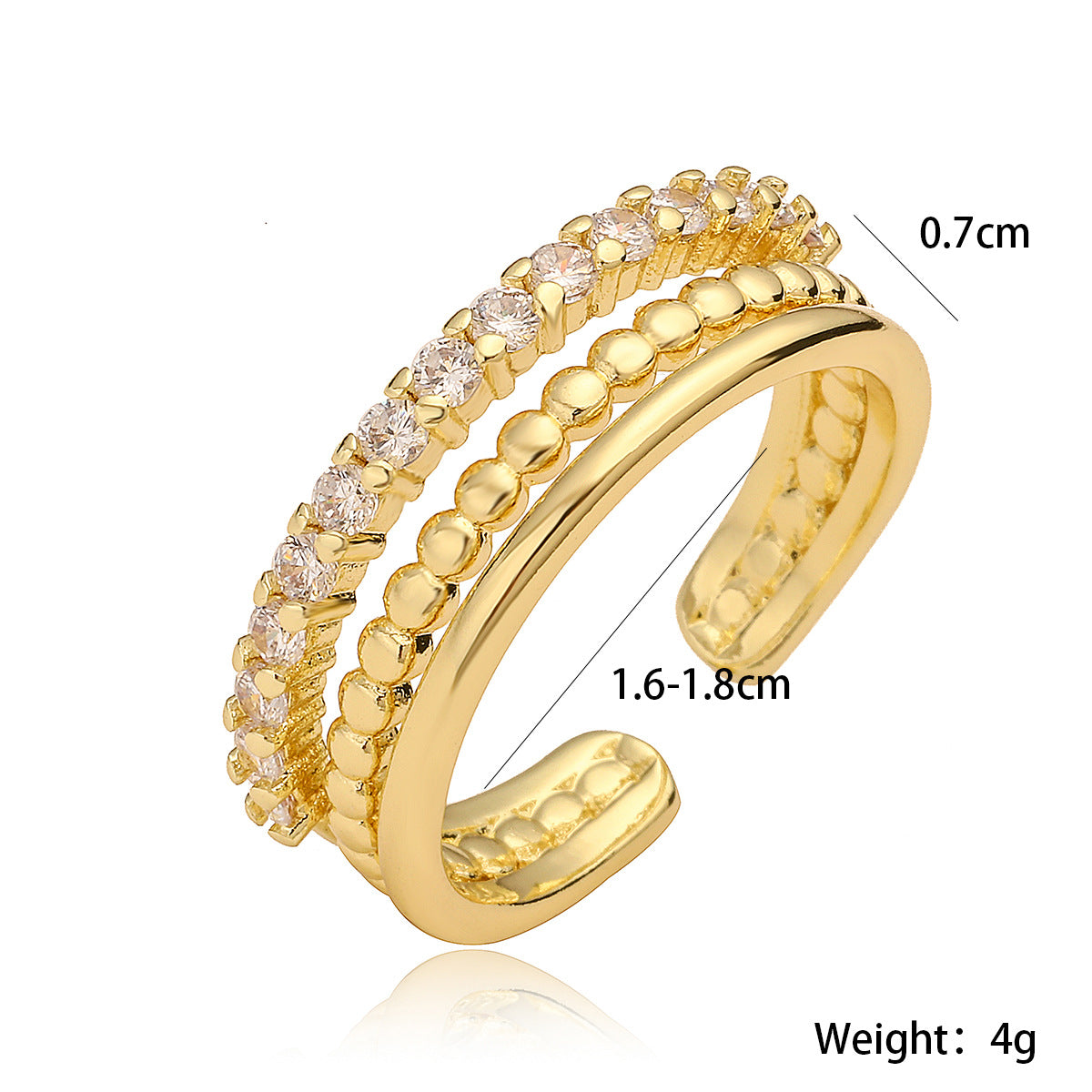 Anello da donna doppio strato aperto geometrico minimalista in rame con placcatura in oro 18K e intarsio di zirconi