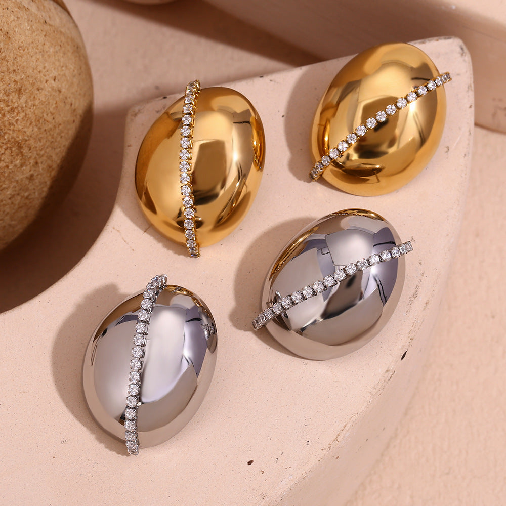 Orecchini geometrici in acciaio inossidabile ispirati al vintage con placcatura in oro 18 carati e accenti in zirconia ovale